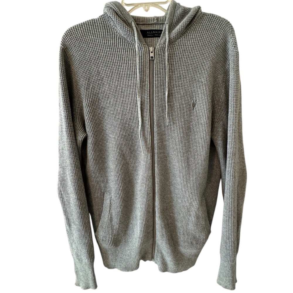 AllSaints Trias Hoody Mens Small Grey Waffle Knit Cotton Full Zip Sweater MK072G